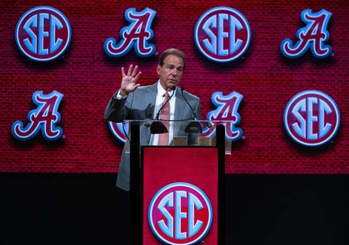 Alabama coach Nick Saban speaks at the 2023 SEC Football Kickoff Media Days at the Nashville Grand Hyatt.