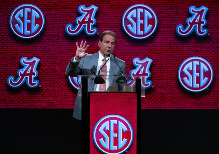 Alabama coach Nick Saban speaks at the 2023 SEC Football Kickoff Media Days at the Nashville Grand Hyatt on Broadway, Wednesday, July 19, 2023.