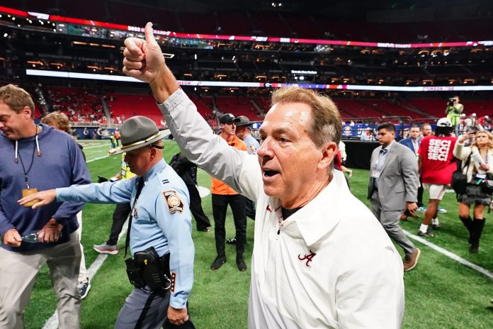 Alabama Crimson Tide head coach Nick Saban leaves the field after defeating the Georgia Bulldogs in the SEC Championship at Mercedes-Benz Stadium.