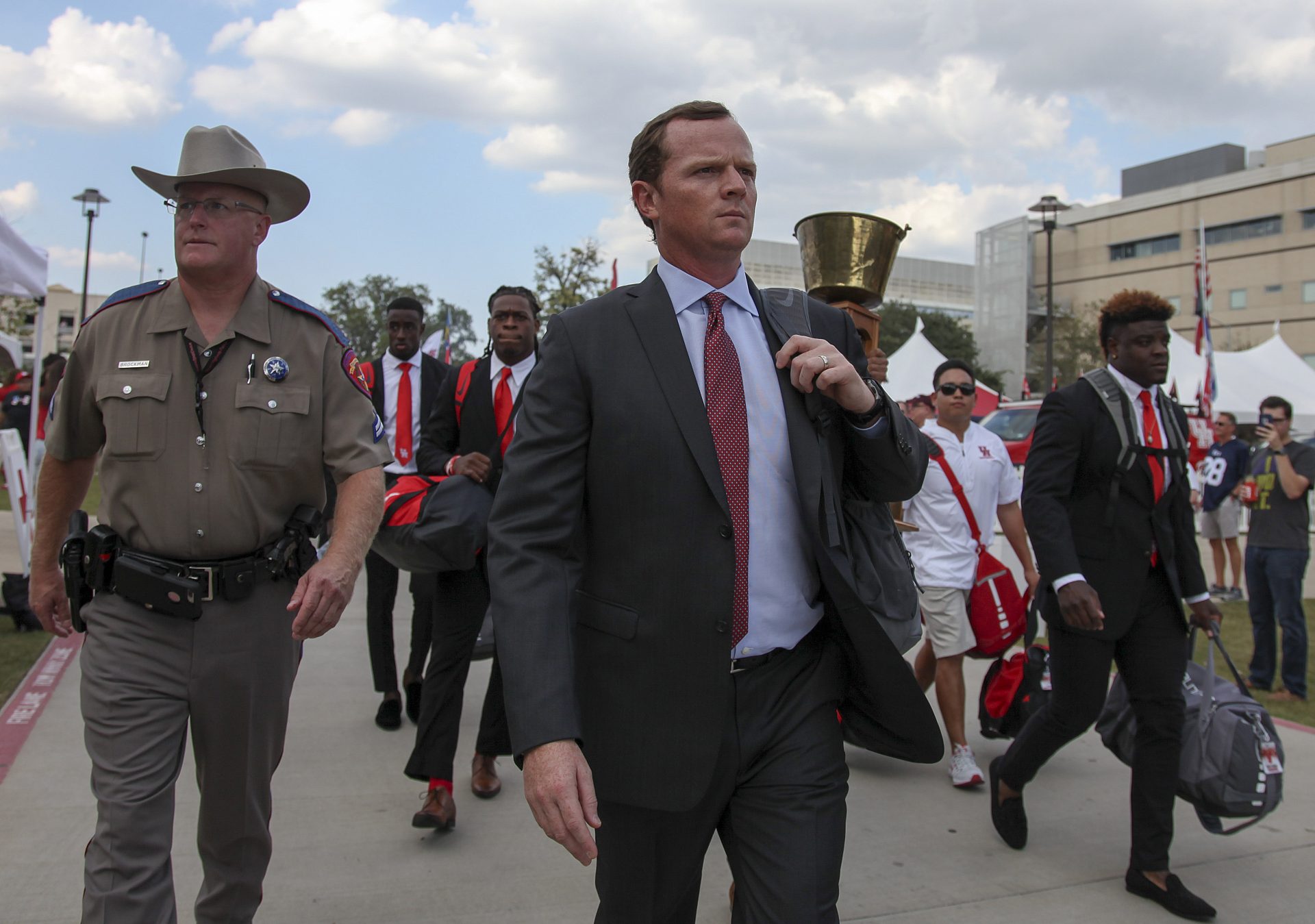 Sep 16, 2017; Houston, TX, USA; Houston Cougars head coach Major Applewhite arrives at TDECU Stadium before a game against the Rice Owls at TDECU Stadium. Mandatory Credit: John Glaser-USA TODAY Sports