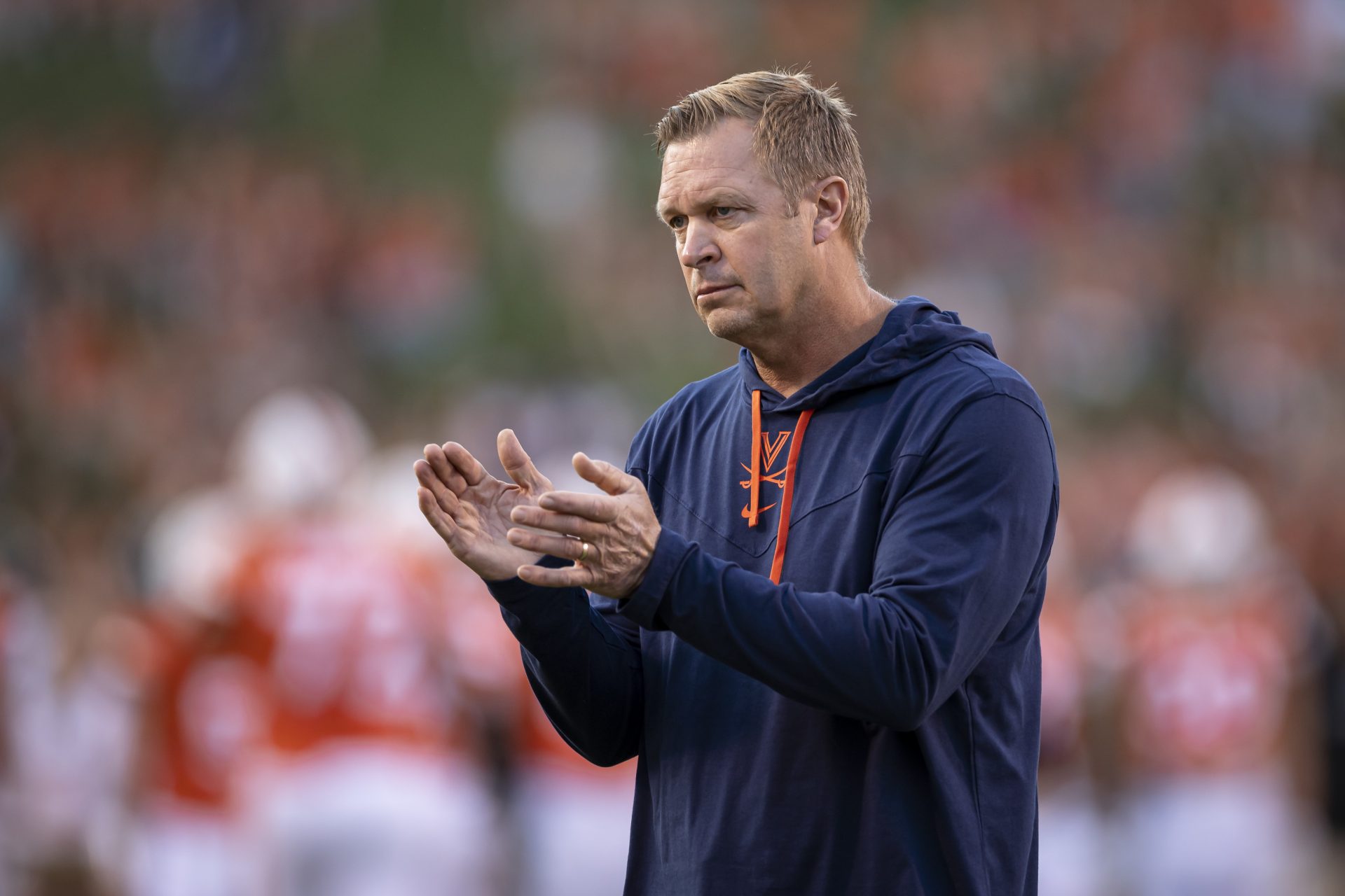 Sep 4, 2021; Charlottesville, Virginia, USA; Virginia Cavaliers head coach Bronco Mendenhall walks the field before a game against the William & Mary Tribe at Scott Stadium. Mandatory Credit: Scott Taetsch-USA TODAY Sports