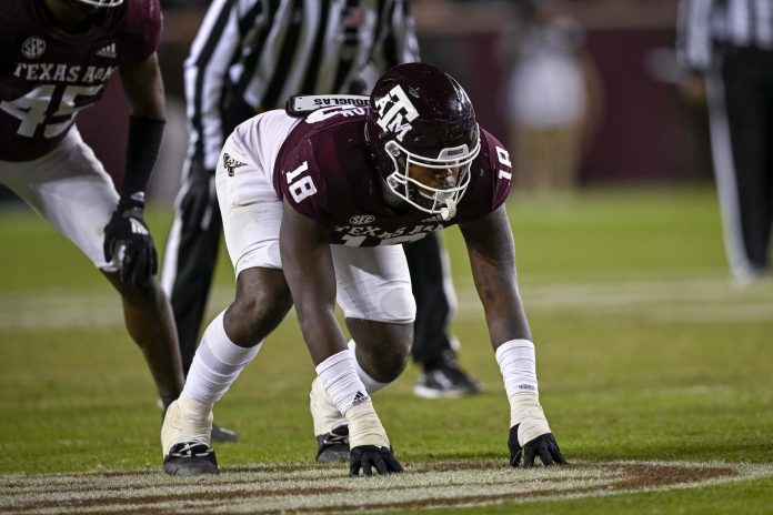 Texas A&M Aggies defensive lineman LT Overton (18) in action during the game between the Texas A&M Aggies and the LSU Tigers at Kyle Field.