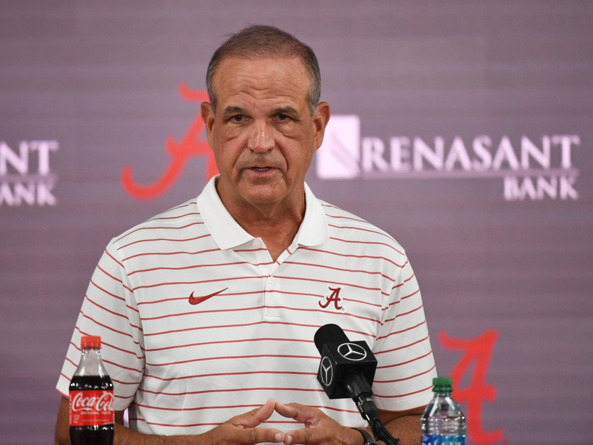 Alabama defensive coordinator Kevin Steele speaks to members of the media Sunday, August 6, 2023.