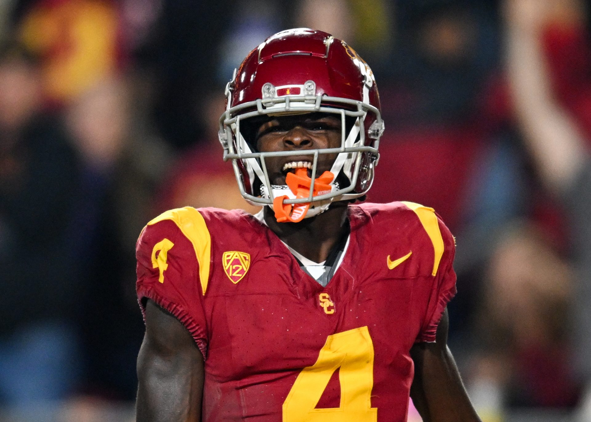 Nov 4, 2023; Los Angeles, California, USA; USC Trojans wide receiver Mario Williams (4) reacts after scoring against the Washington Huskies during the third quarter at United Airlines Field at Los Angeles Memorial Coliseum. Mandatory Credit: Jonathan Hui-USA TODAY Sports