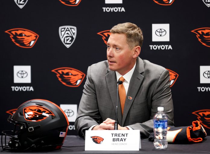 Trent Bray is formally introduced as Oregon State football’s head coach during a press conference on Wednesday, Nov. 29, 2023 at Oregon State University in Corvallis, Ore.