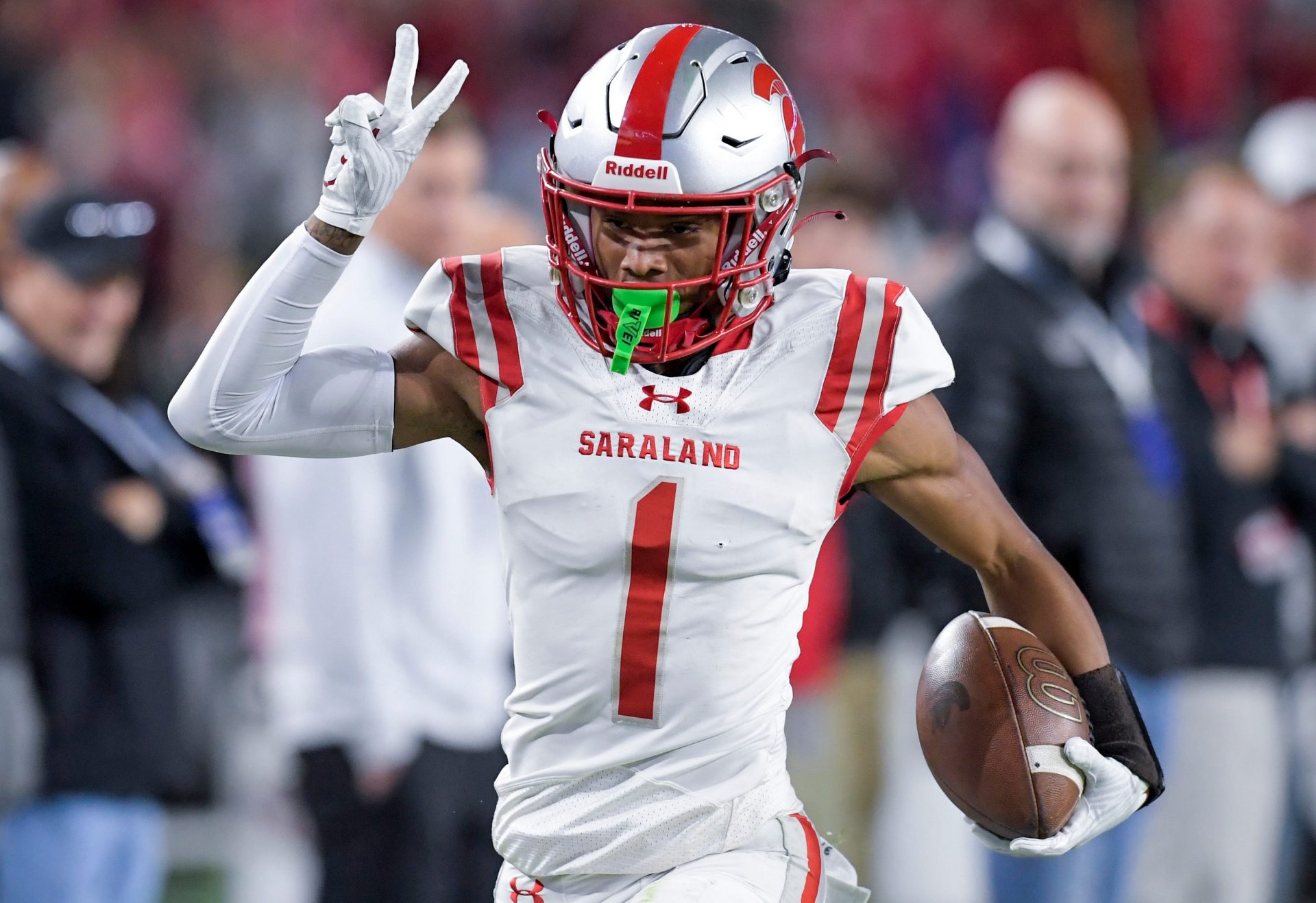 Saraland's Ryan Williams (1) scores his second touchdown of the night against Clay-Chalkville during the AHSAA Class 6A football state championship game at Bryant Denny Stadium.