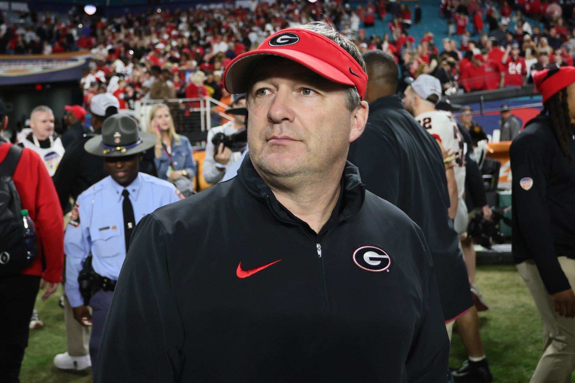 Dec 30, 2023; Miami Gardens, FL, USA; rGeorgia Bulldogs head coach Kirby Smart reacts after the 2023 Orange Bowl at Hard Rock Stadium. Mandatory Credit: Sam Navarro-USA TODAY Sports