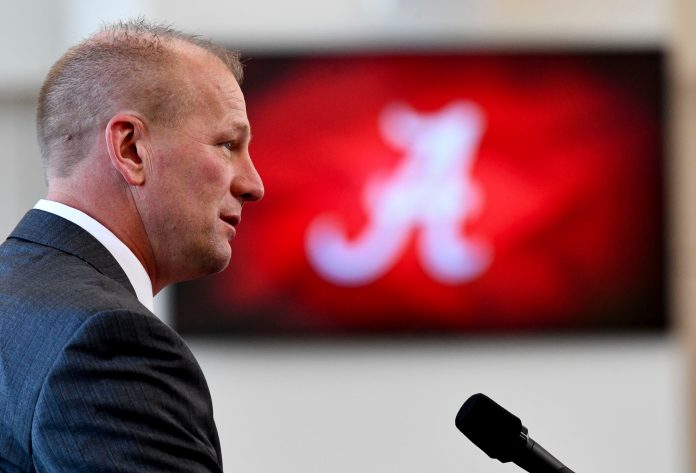 Jan 13, 2024; Tuscaloosa, AL, USA; The University of Alabama introduced new head football coach Kalen DeBoer with a press conference at Bryant-Denny Stadium. DeBoer speaks during the press conference.