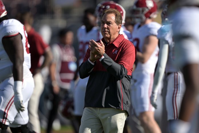 Alabama Crimson Tide head coach Nick Saban looks before the game against the Michigan Wolverines in the 2024 Rose Bowl college football playoff semifinal game at Rose Bowl.