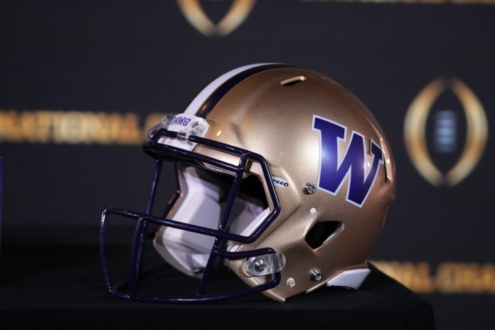 A Washington Huskies helmet at the CFP National Championship Head Coaches press conference at JW Marriot Houston by the Galleria.