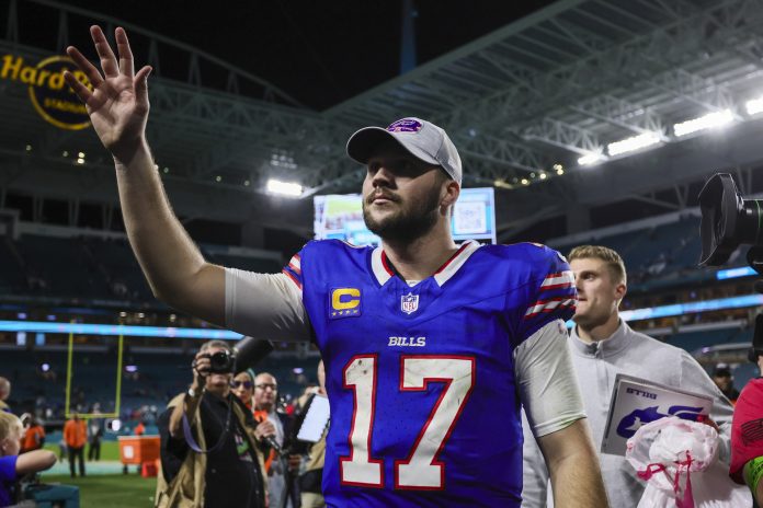 Buffalo Bills quarterback Josh Allen (17) reacts after the game against the Miami Dolphins at Hard Rock Stadium.