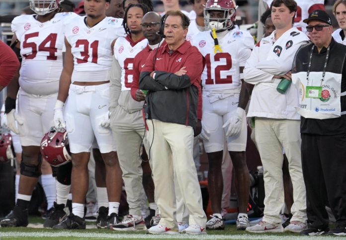 Alabama Crimson Tide head coach Nick Saban looks on during the second half against the Michigan Wolverines in the 2024 Rose Bowl college football playoff semifinal game at Rose Bowl.
