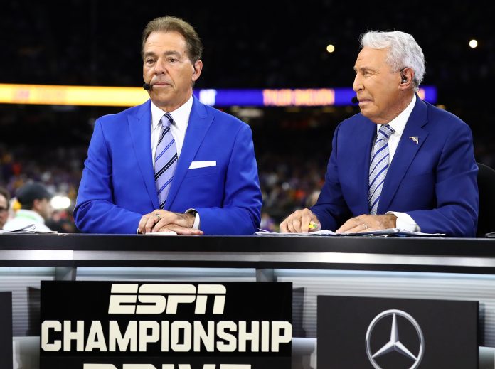 Jan 13, 2020; New Orleans, Louisiana, USA; Alabama head coach Nick Saban with Lee Corso (right) on the ESPN set prior to the College Football Playoff national championship game with Clemson Tigers playing against the LSU Tigers at Mercedes-Benz Superdome. Mandatory Credit: Matthew Emmons-USA TODAY Sports