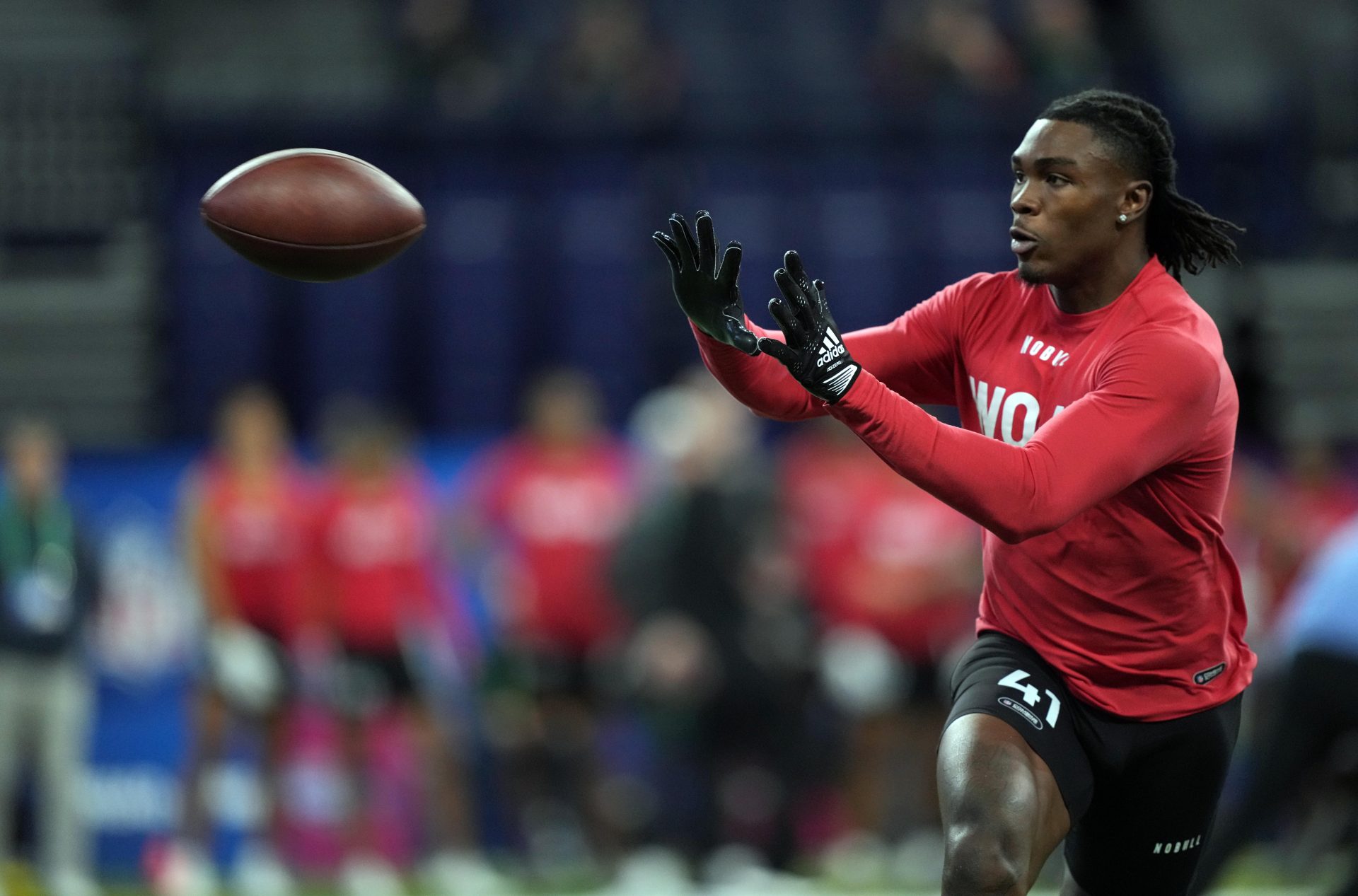 Mar 4, 2023; Indianapolis, IN, USA; SMU wide receiver Rashee Rice (WO41) participates in drills at Lucas Oil Stadium. Mandatory Credit: Kirby Lee-USA TODAY Sports