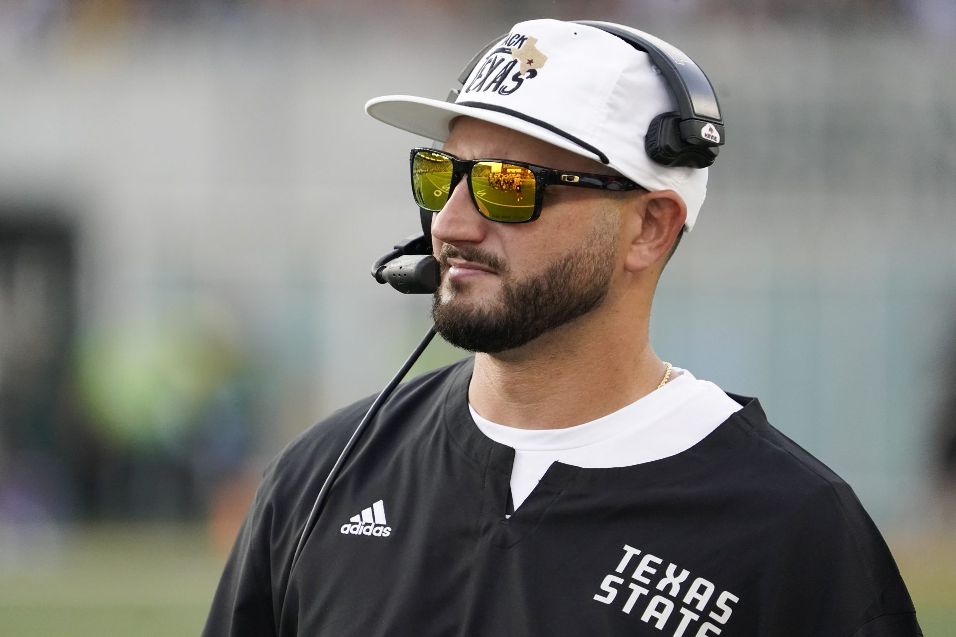 Sep 2, 2023; Waco, Texas, USA; Texas State Bobcats head coach G.J. Kinne on the sidelines during the first half against the Baylor Bears at McLane Stadium. Mandatory Credit: Raymond Carlin III-USA TODAY Sports