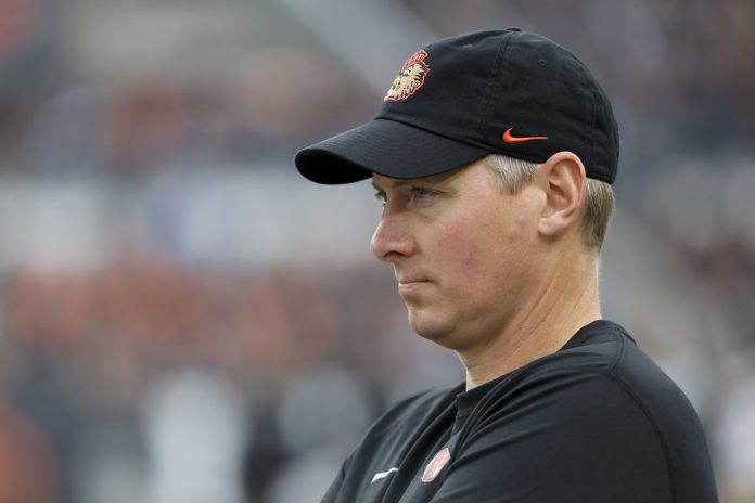 Oct 14, 2023; Corvallis, Oregon, USA; Oregon State defensive coordinator Trent Bray looks on before the game against the UCLA Bruins at Reser Stadium. Mandatory Credit: Soobum Im-USA TODAY Sports