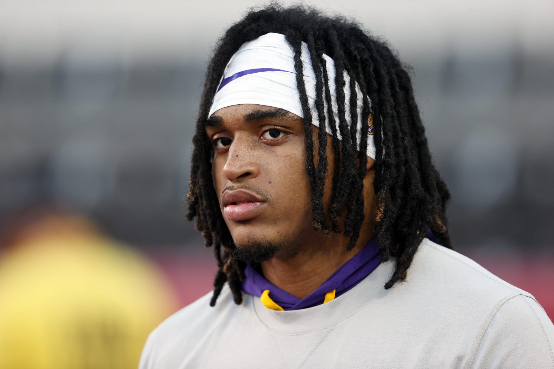 Nov 4, 2023; Tuscaloosa, Alabama, USA; LSU Tigers linebacker Harold Perkins Jr. (4) before the first half at Bryant-Denny Stadium. Mandatory Credit: Butch Dill-USA TODAY Sports