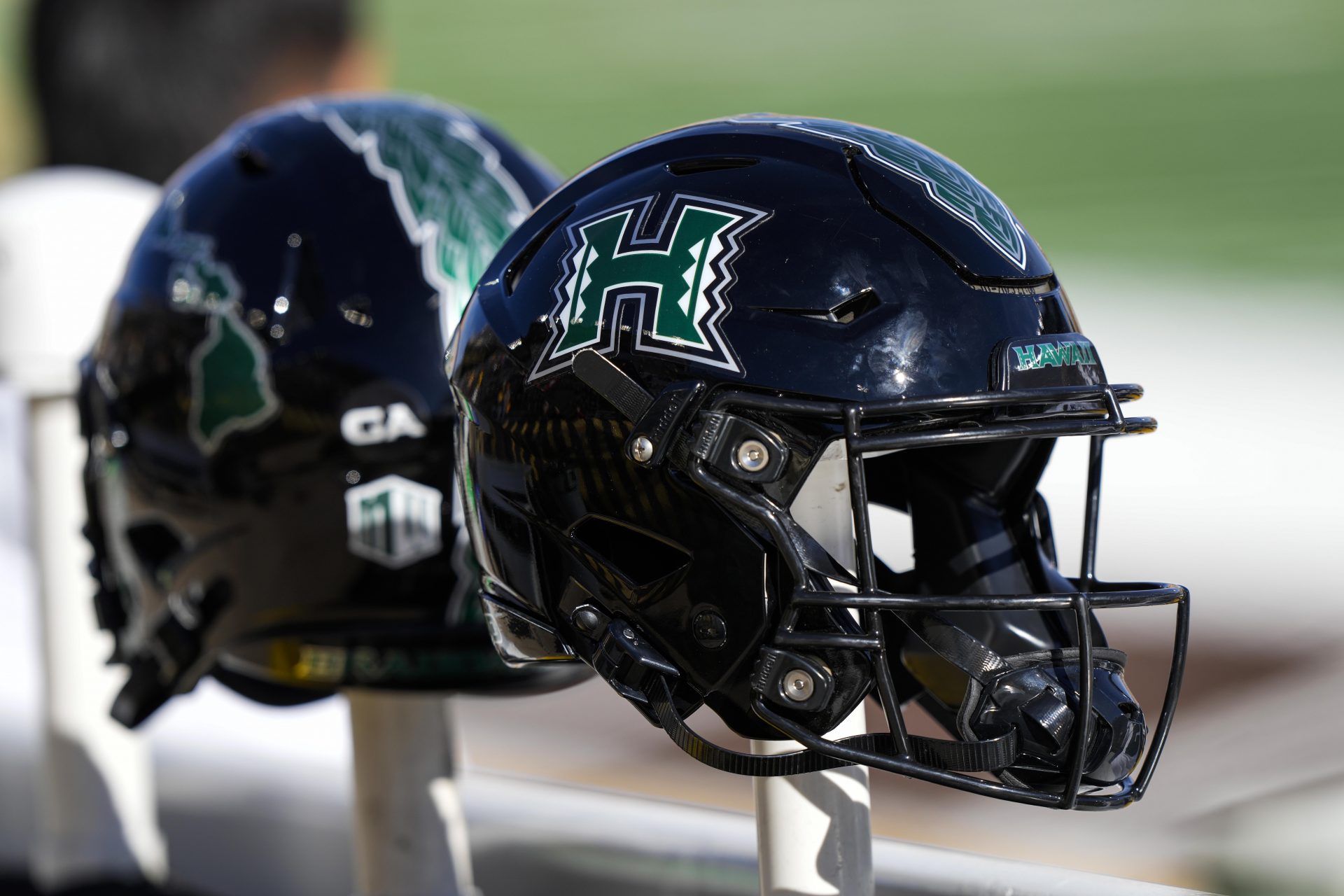 Nov 18, 2023; Laramie, Wyoming, USA; A general view of Hawaii Rainbow Warriors helmets before the game against the Wyoming Cowboys at Jonah Field at War Memorial Stadium. Mandatory Credit: Troy Babbitt-USA TODAY Sports