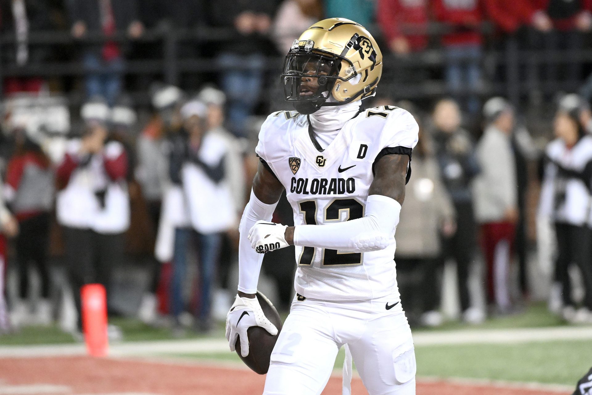Nov 17, 2023; Pullman, Washington, USA; Colorado Buffaloes cornerback Travis Hunter (12) celebrates a touchdown against the Washington State Cougars in the first half at Gesa Field at Martin Stadium. Mandatory Credit: James Snook-USA TODAY Sports