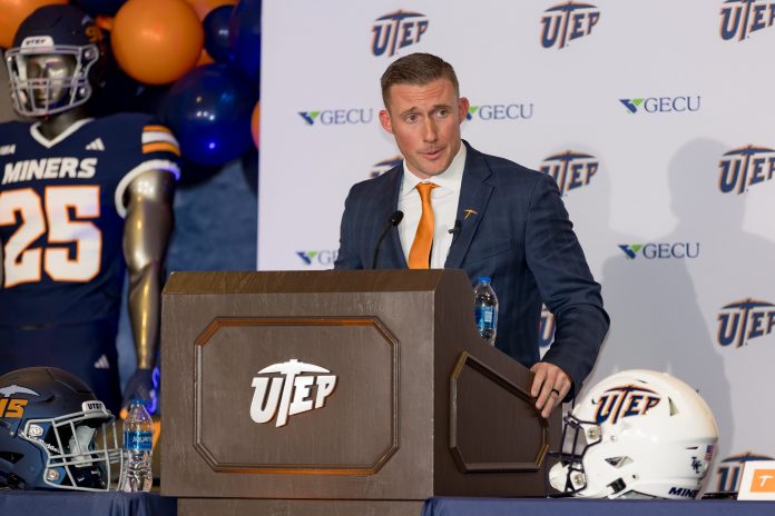 Scotty Walden speaks as he's introduced as the new UTEP head football coach on Wednesday, Dec. 6, 2023, at a press conference at the Larry K. Durham Sports Center on campus.