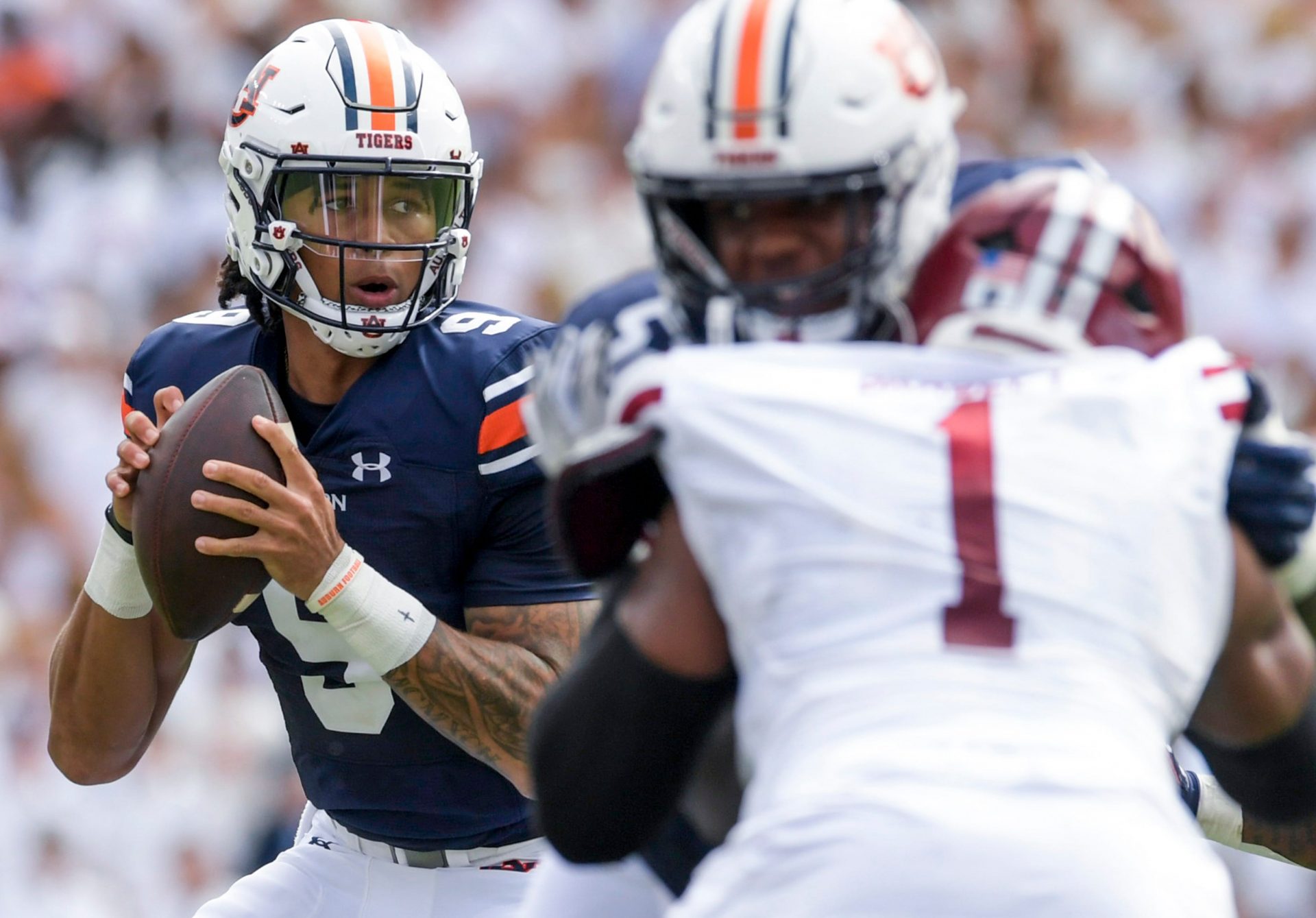 Auburn Tigers quarterback Robby Ashford (9) against UMass during their game at Jordan-Hare Stadium on the Auburn University campus in Auburn, Ala., on Saturday September 2, 2023.