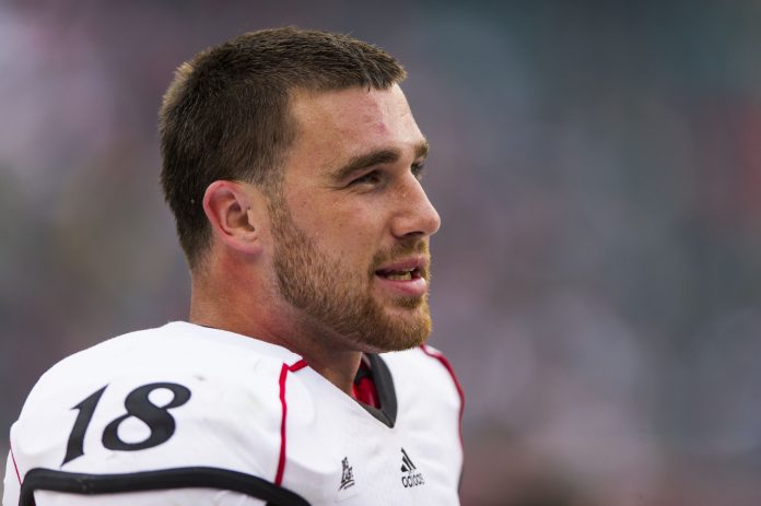 Nov 10, 2012; Philadelphia, PA, USA; Cincinnati Bearcats tight end Travis Kelce (18) along the sidelines during the third quarter against the Temple Owls at Lincoln Financial Field in Philadelphia, PA. Cincinnati defeated Temple 34-10. Mandatory Credit: Howard Smith-USA TODAY Sports