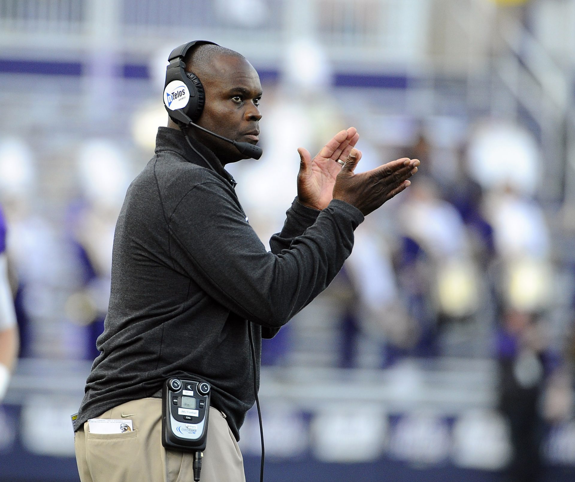 Oct 24, 2015; Harrisonburg, VA, USA; James Madison Dukes head coach Everett Withers looks on against the Richmond Spiders during the first half at Bridgeforth Stadium. Mandatory Credit: Brad Mills-USA TODAY Sports
