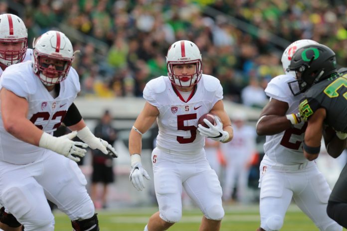 Nov 12, 2016; Eugene, OR, USA; Stanford Cardinal running back Christian McCaffrey (5) runs the ball for a touchdown in the first quarter against the Oregon Ducks at Autzen Stadium. Mandatory Credit: Scott Olmos-USA TODAY Sports