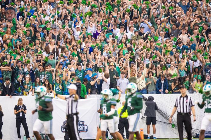 Tulane Green Wave student section cheer against the Southern Methodist Mustangs for a missed field goal attempt during the first half at Yulman Stadium.