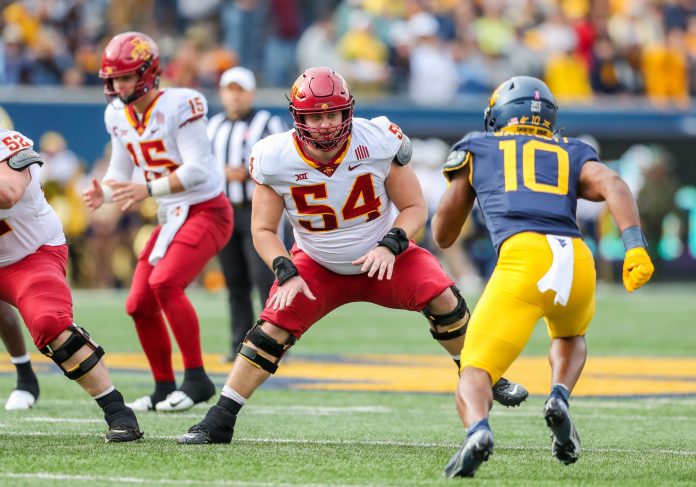 Iowa State Cyclones offensive lineman Jarrod Hufford (54) during the second quarter against the West Virginia Mountaineers at Mountaineer Field at Milan Puskar Stadium.