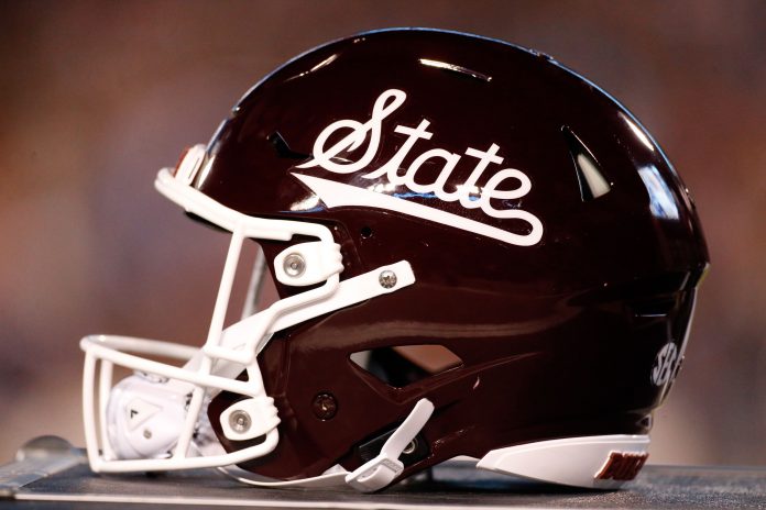 A Mississippi State Bulldogs helmet sits on the sidelines during the first half against the Mississippi Rebels at Davis Wade Stadium at Scott Field.