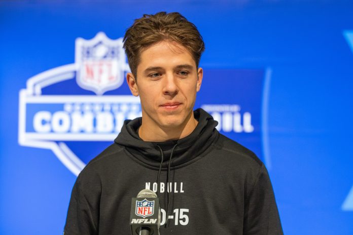 Rice wide receiver Luke McCaffrey (WO15) talks to the media during the 2024 NFL Combine at Lucas Oil Stadium.