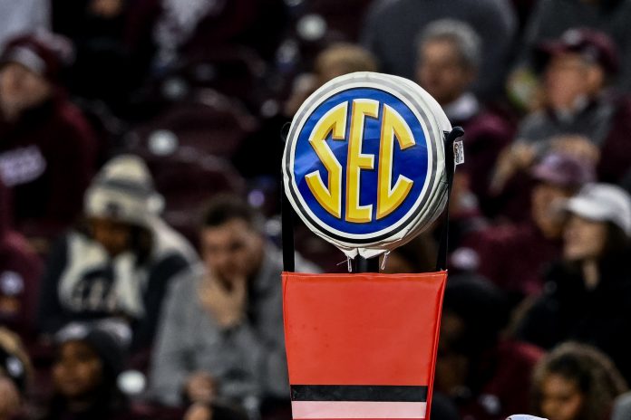 A detailed view of the SEC logo on a chain marker during the game between the Texas A&M Aggies and the Mississippi State Bulldogs at Kyle Field.