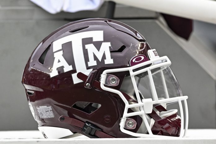 Texas A&M Aggies helmet on the sideline during the second half against the Sam Houston State Bearkats at Kyle Field.