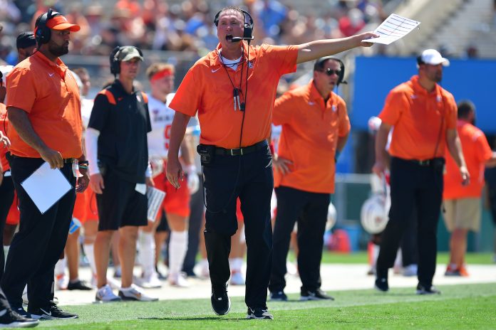 Sep 3, 2022; Pasadena, California, USA; Bowling Green Falcons head coach Scot Loeffler reacts to officials during the first half against the UCLA Bruins at Rose Bowl. Mandatory Credit: Gary A. Vasquez-USA TODAY Sports