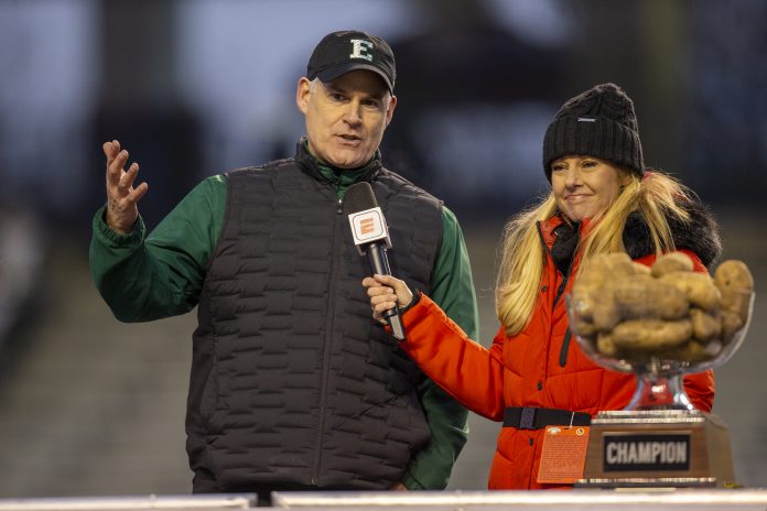 Dec 20, 2022; Boise, Idaho, USA; Eastern Michigan Eagles head coach Chris Creighton speaks with ESPN on air talent Dawn Davenport during the trophy presentation at the Famous Idaho Potato Bowl at Albertsons Stadium. Eastern Michigan beats San Jose State 41-27. Mandatory Credit: Brian Losness-USA TODAY Sports