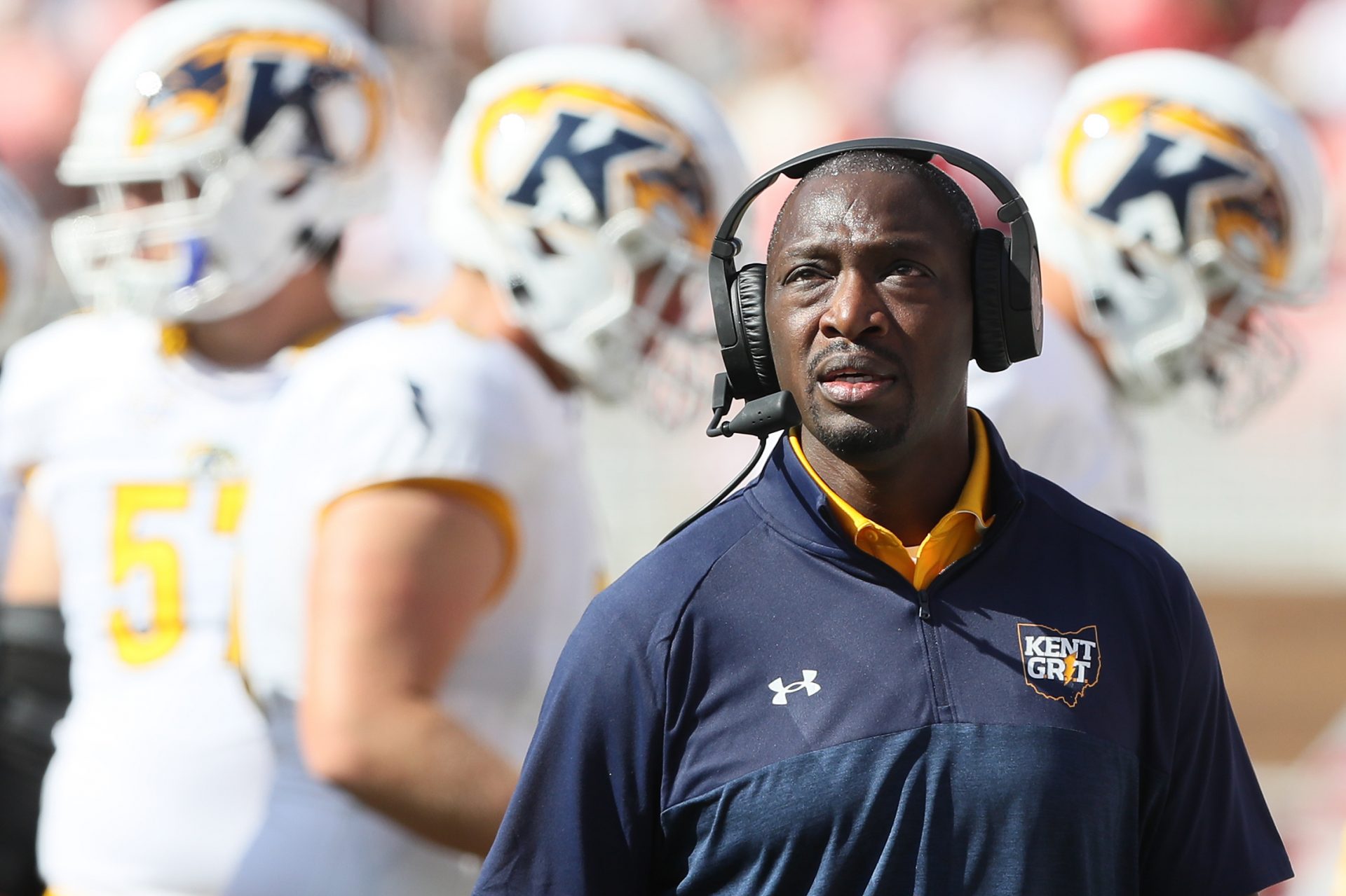 Sep 9, 2023; Fayetteville, Arkansas, USA; Kent State Golden Flashes head coach Kenni Burns during the second quarter against the Arkansas Razorbacks at Donald W. Reynolds Razorback Stadium. Mandatory Credit: Nelson Chenault-USA TODAY Sports