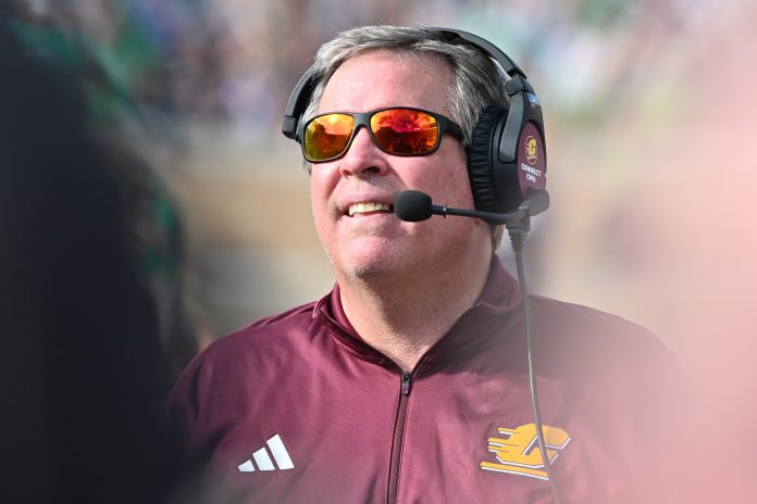 Sep 16, 2023; South Bend, Indiana, USA; Central Michigan Chippewas head coach Jim McElwain watches in the third quarter against the Notre Dame Fighting Irish at Notre Dame Stadium. Mandatory Credit: Matt Cashore-USA TODAY Sports