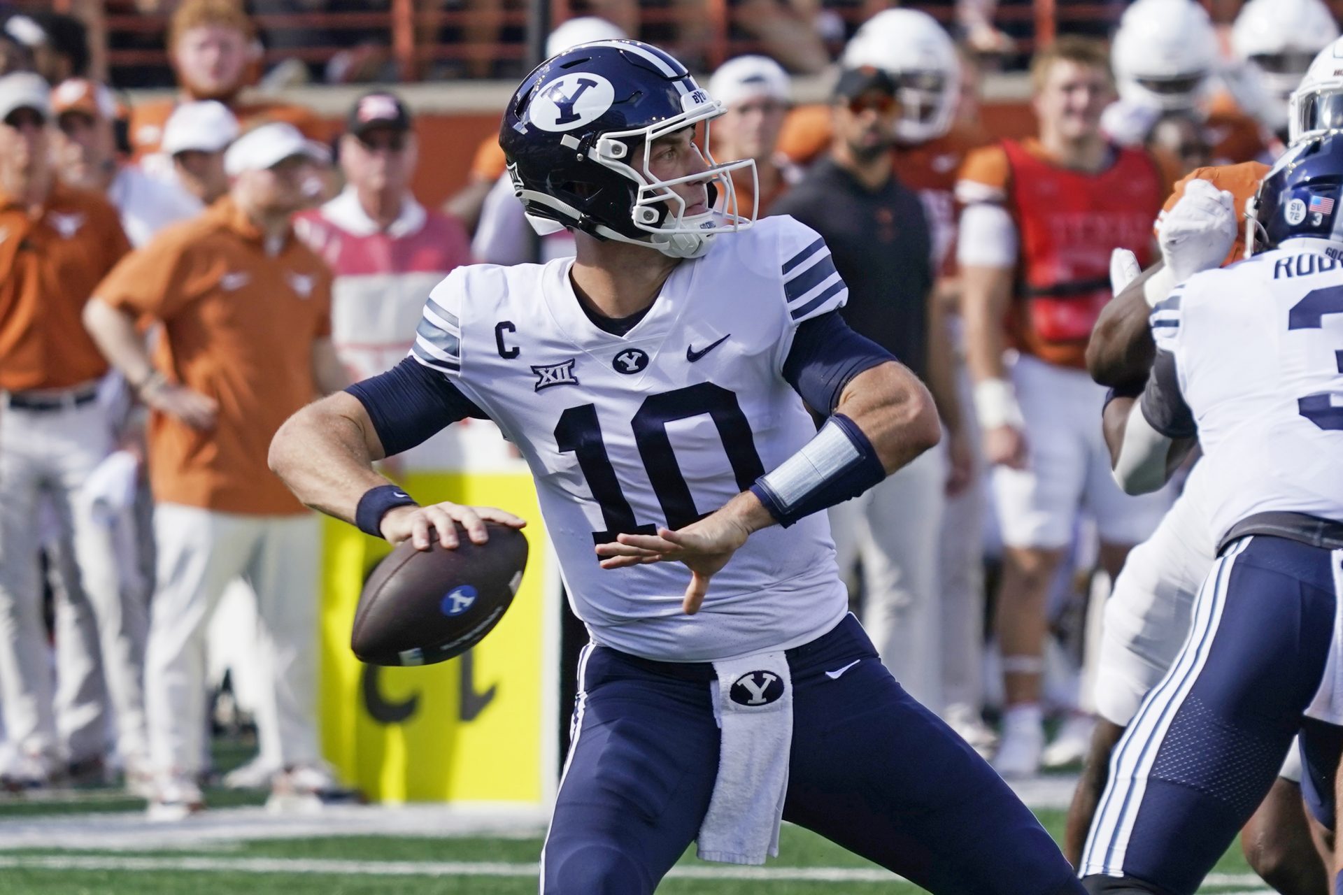 Oct 28, 2023; Austin, Texas, USA; Brigham Young quarterback Kedon Slovis (10) throws a pass during the first half against the Texas Longhorns at Darrell K Royal-Texas Memorial Stadium. Mandatory Credit: Scott Wachter-USA TODAY Sports