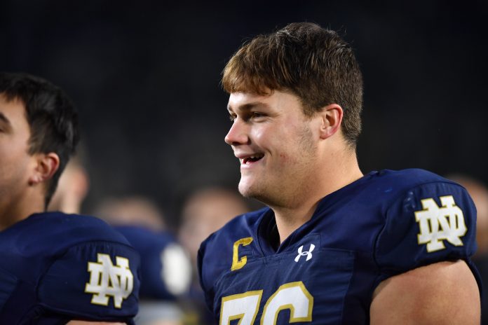 Oct 28, 2023; South Bend, Indiana, USA; Notre Dame Fighting Irish offensive lineman Joe Alt (76) leaves the field following the game against the Pittsburgh Panthers at Notre Dame Stadium. Mandatory Credit: Matt Cashore-USA TODAY Sports
