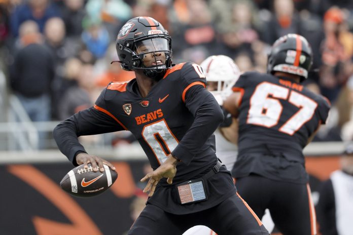Nov 11, 2023; Corvallis, Oregon, USA; Oregon State Beavers quarterback Aidan Chiles (0) throws the ball during the first half against the Stanford Cardinal at Reser Stadium. Mandatory Credit: Soobum Im-USA TODAY Sports
