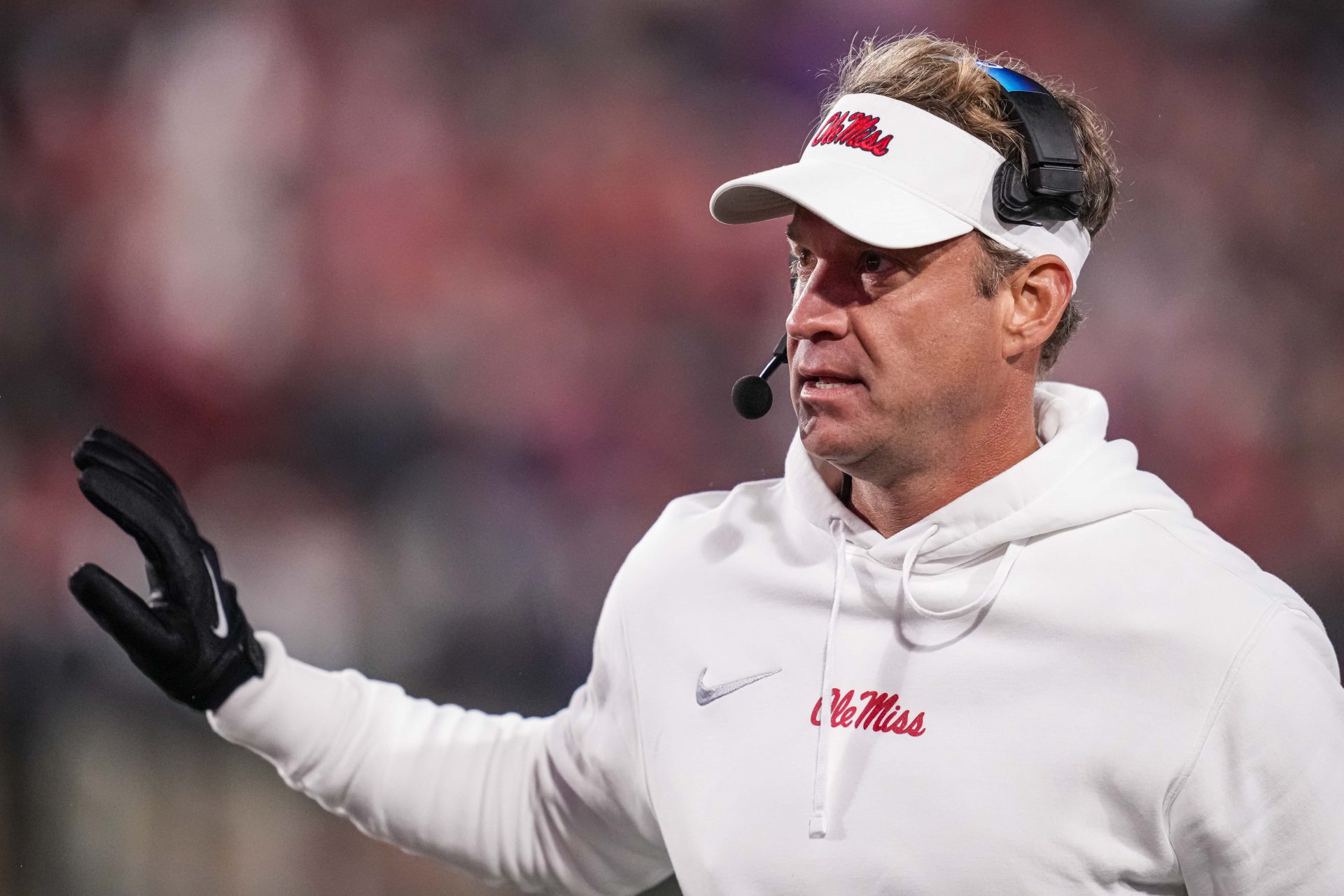 Nov 11, 2023; Athens, Georgia, USA; Mississippi Rebels head coach Lane Kiffin reacts on the field against the Georgia Bulldogs during the first half at Sanford Stadium. Mandatory Credit: Dale Zanine-USA TODAY Sports