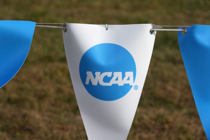 Nov 17, 2023; Charlottesville, VA, USA; The NCAA logo on a banner at the NCAA cross country championships course at Panorama Farms. Mandatory Credit: Kirby Lee-USA TODAY Sports