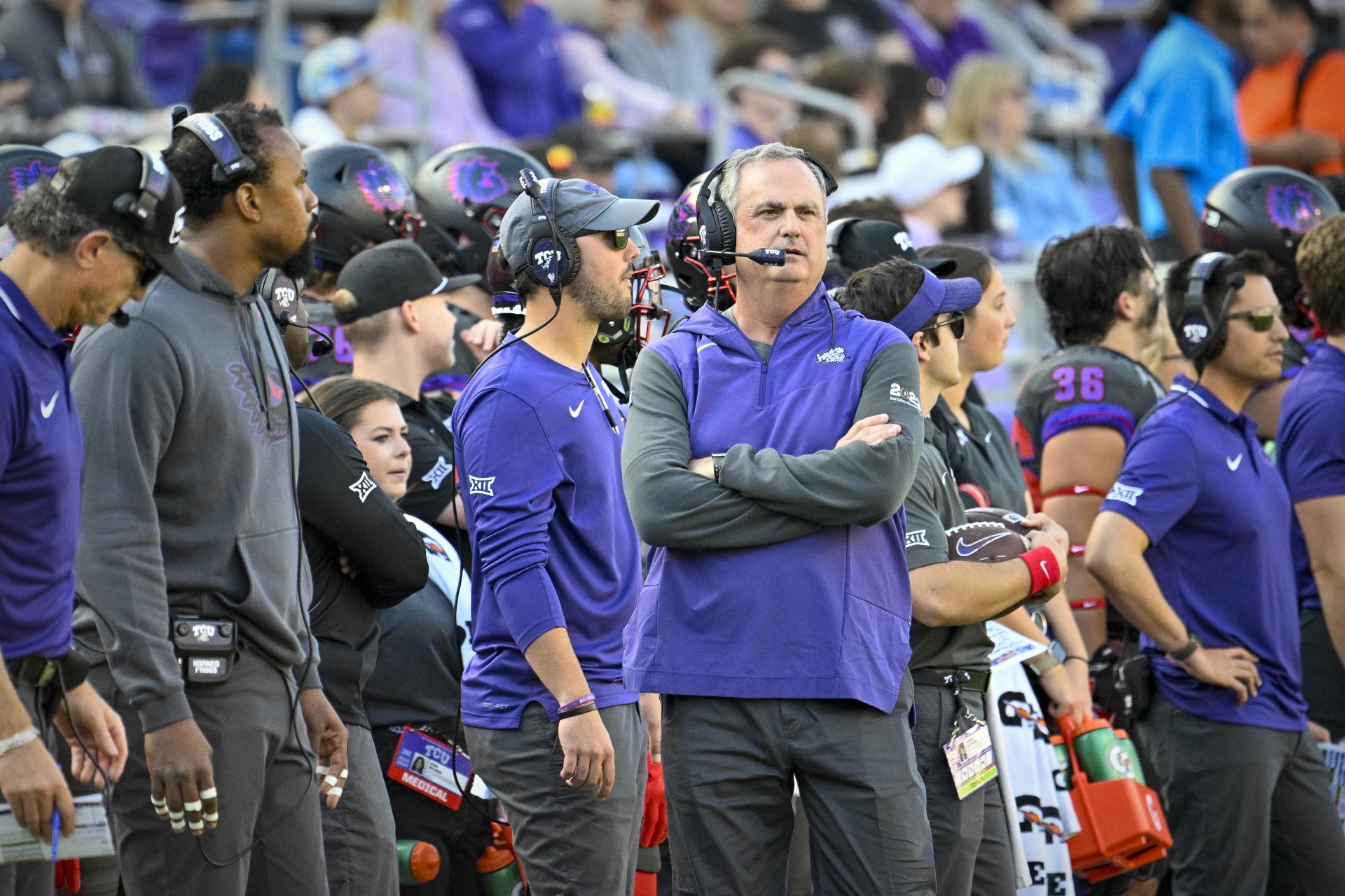 Nov 18, 2023; Fort Worth, Texas, USA; TCU Horned Frogs head coach Sonny Dykes during the game between the TCU Horned Frogs and the Baylor Bears at Amon G. Carter Stadium. Mandatory Credit: Jerome Miron-USA TODAY Sports