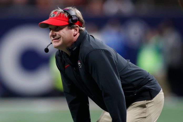 Georgia coach Kirby Smart looks on during the first half of the SEC Championship game against Alabama at Mercedes-Benz Stadium in Atlanta, on Saturday, Dec. 2, 2023.