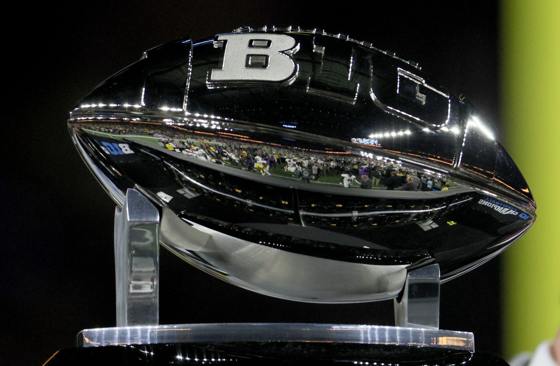 Dec 2, 2023; Indianapolis, IN, USA; The Big 10 Championship trophy after the Michigan Wolverines won the Big Ten Championship game against the Iowa Hawkeyes at Lucas Oil Stadium. Mandatory Credit: Trevor Ruszkowski-USA TODAY Sports