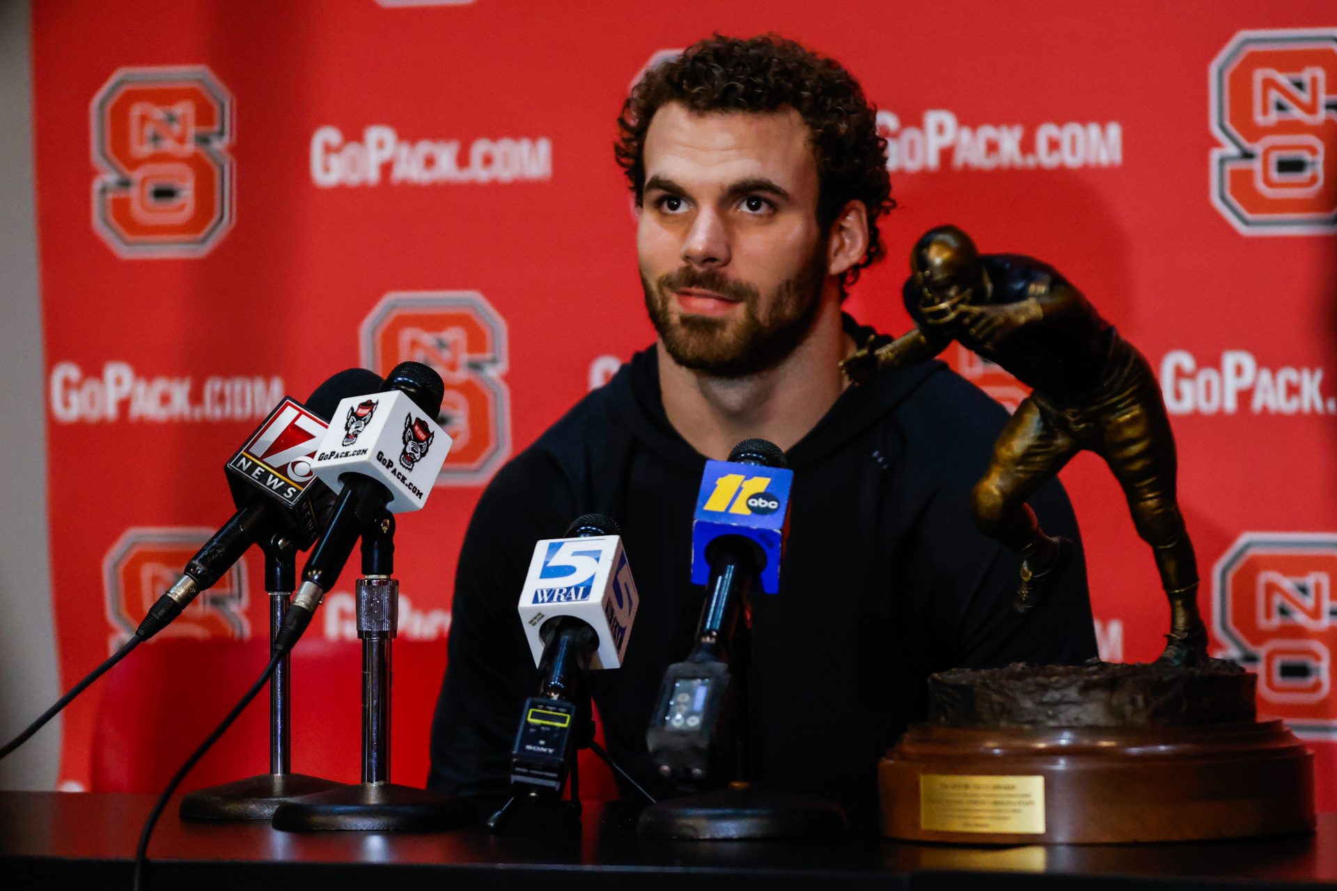 Dec 6, 2023; Raleigh, North Carolina, USA; North Carolina State Wolfpack Football linebacker Payton Wilson wins 2023 Butkus Award during the second half against Maryland-Eastern Shore Hawks at James T. Valvano Arena at William Neal Reynolds. Mandatory Credit: Jaylynn Nash-USA TODAY Sports