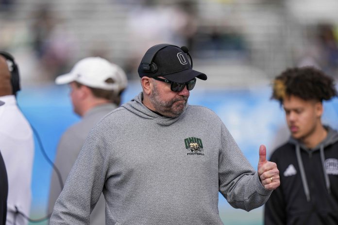 Dec 16, 2023; Conway, SC, USA; Ohio Bobcats head coach Tim Albin on the sidelines in the first half against the Georgia Southern Eagles at Brooks Stadium. Mandatory Credit: David Yeazell-USA TODAY Sports