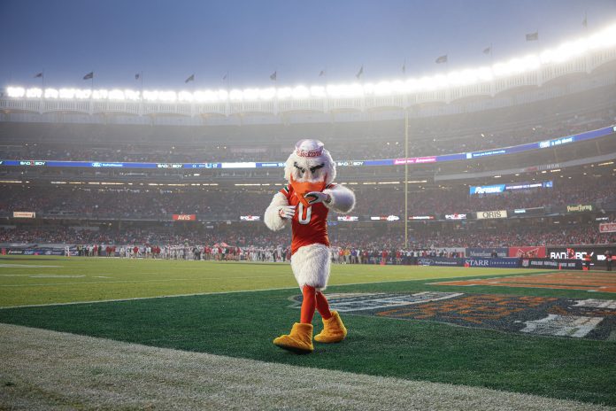 Dec 28, 2023; Bronx, NY, USA; Miami Hurricanes mascot Sebastian the Ibis onthe field during the second half of the 2023 Pinstripe Bowl against the Rutgers Scarlet Knights at Yankee Stadium. Mandatory Credit: Vincent Carchietta-USA TODAY Sports