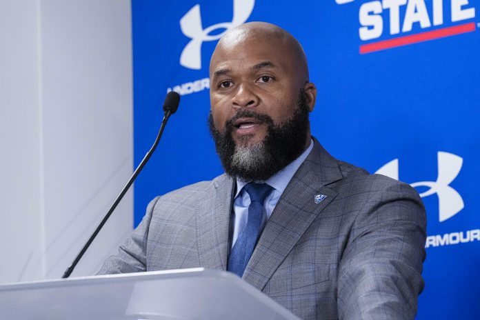 Feb 26, 2024; Atlanta, GA, USA; Georgia State Panthers head football coach Dell McGee addresses the media at the press conference announcing his hiring at Center Parc Stadium. Mandatory Credit: Dale Zanine-USA TODAY Sports